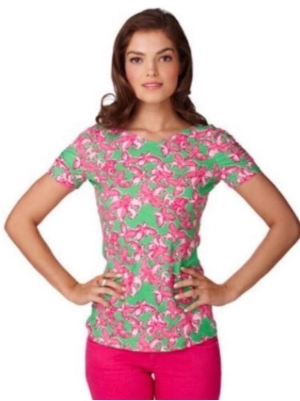 Lilly Pulitzer Leila Printed Short Sleeve Top All A Flutter Pink & Green Floral